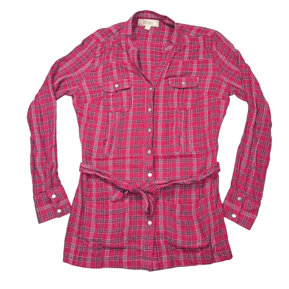 Decree Y2K Plaid Button Up Tunic Shirt Tie Waist Red Grey Sz S